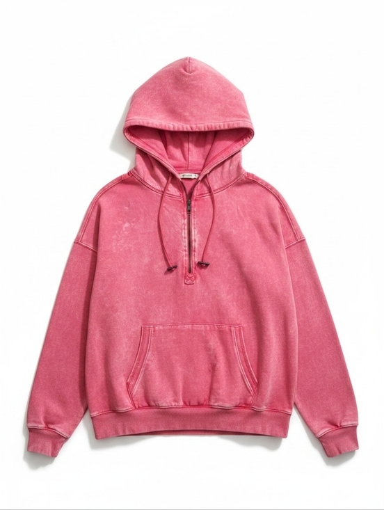 Zenana Outfitters Tops - Zenana Hoodie Quarter-Zip Mineral Wash Pink Small Cotton Blend Oversized Pocket